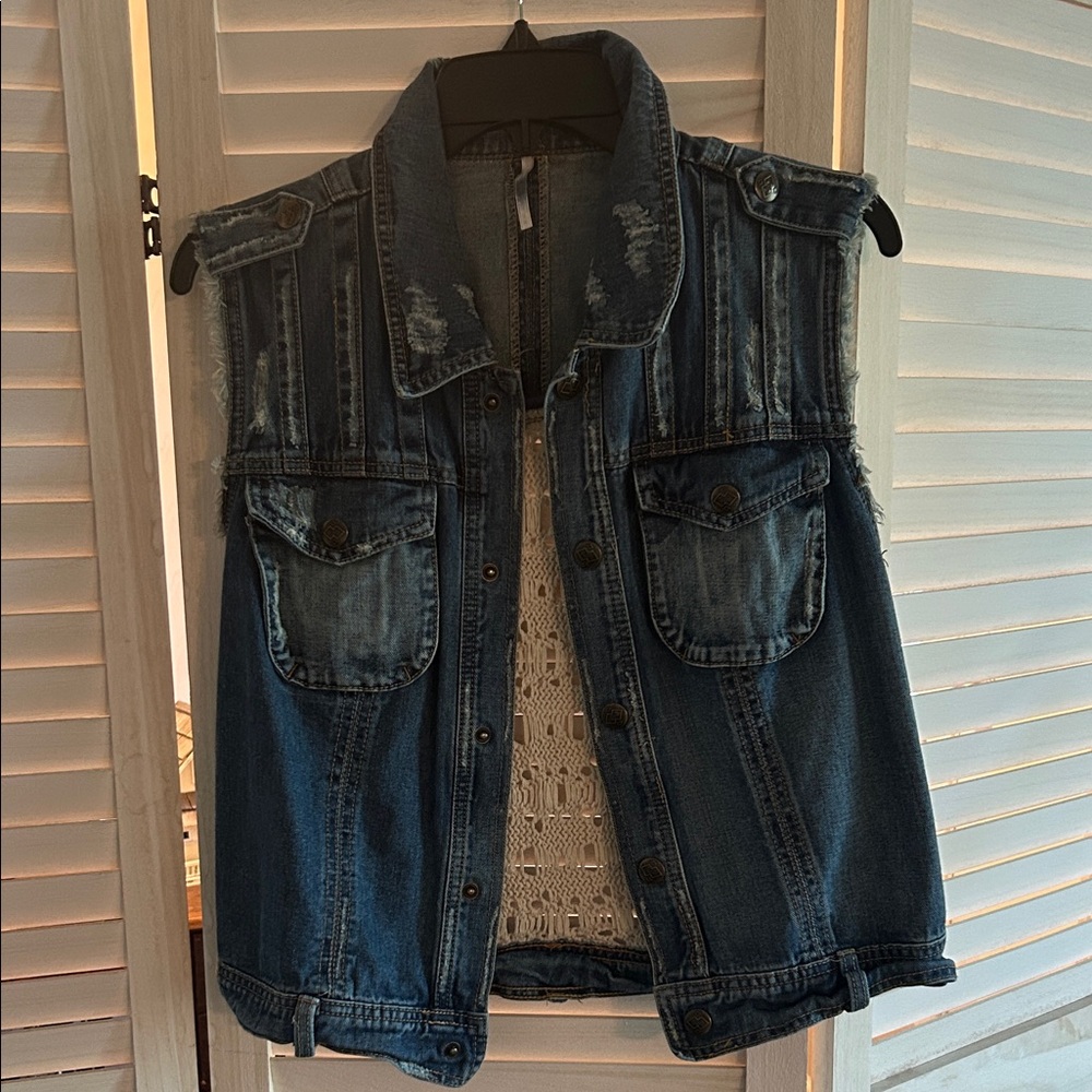Free People Blue Denim Vest with Distressed Details